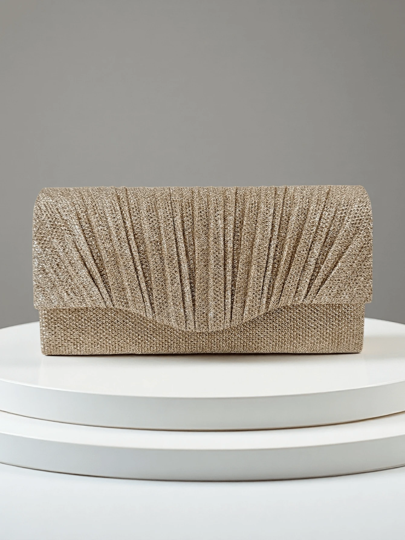 French Pleated Fan-Shaped Evening Clutch | Minimalist Yet Luxurious Handbag | Silver & Champagne Gold Dual-Tone Wedding Party Bag - Champagne - View 1