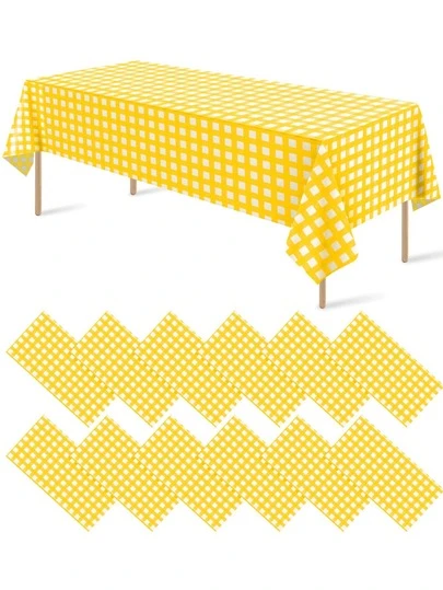 1/6片装 137*274厘米 黄白格子塑料桌布，一次性红色方格桌布装饰，适用于野餐、农场、生日、婚礼长方形派对桌布