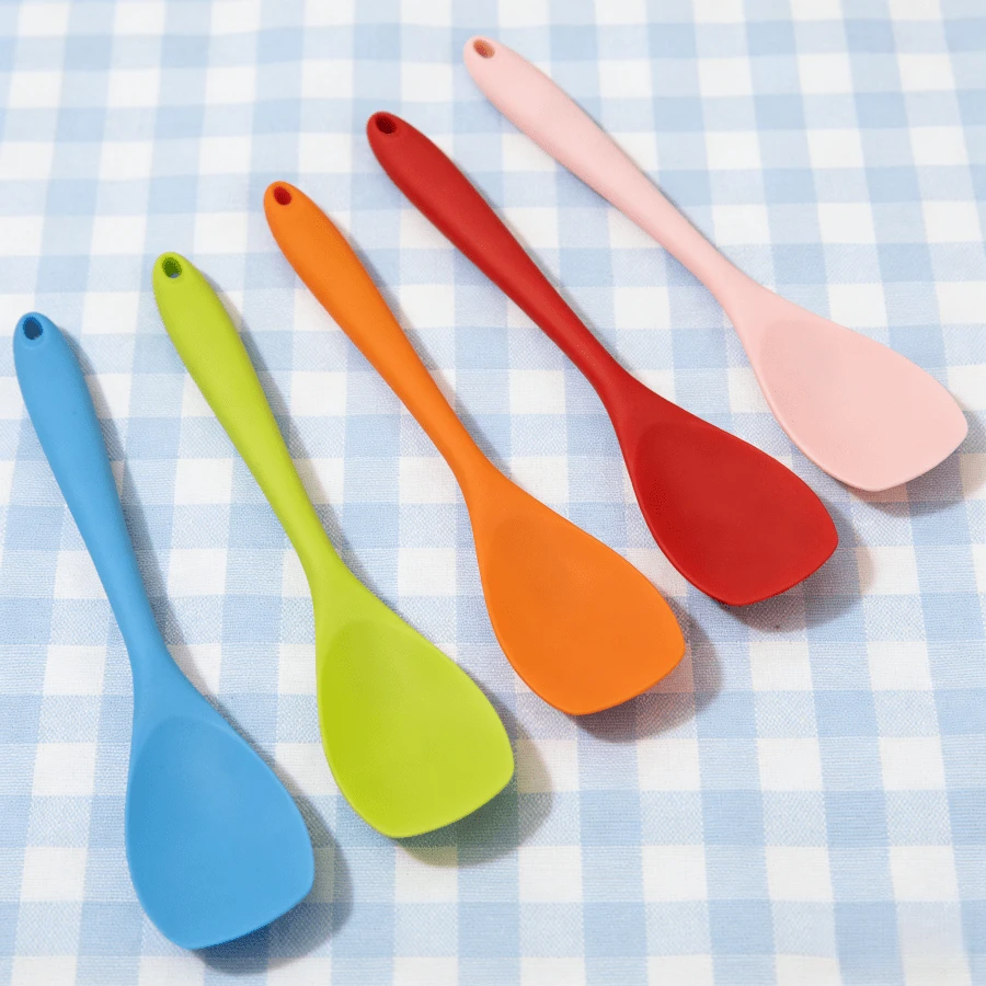 Bộ 2/4/6 thìa silicon, dài 10,75 inch, chịu nhiệt, dẻo dai – Dụng cụ nhà bếp chống dính dùng để trộn, cạo, an toàn với máy rửa chén (Xanh dương/Cam/Đỏ/Hồng/Xanh lá cây) - Xem 1