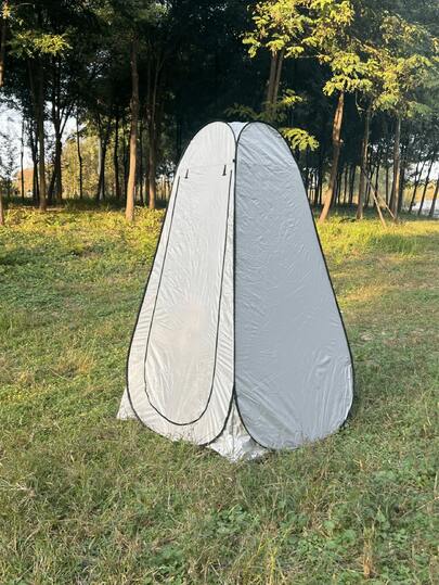 Tienda de campaña portátil de apertura rápida de unicolor minimalista para exteriores, material de poliéster plateado impermeable y resistente a los rayos UV con recubrimiento, diseño plegable automático, capacidad para una persona, cortina de puerta con bordes negros y ganchos decorativos, unicolor discreto y duradero, multifuncional para cambio de ropa/ducha al aire libre/inodoro de emergencia/cambio de fotografía/protección solar/anti-exposición