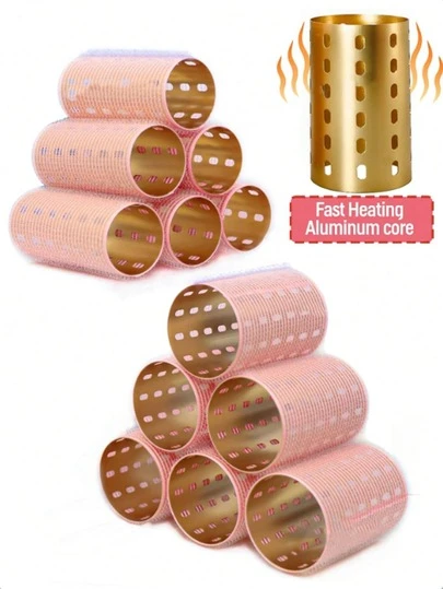 6pcs/Set Aluminum Curling Rollers, Pink Flocked, Gold Core, Self-Adhesive Hook And Loop, Fast Heating, Ceramic Thermal Volumizing Magic Sleep Curlers, 90mm, No Heat Needed For Wavy Hairstyle, Travel Essential, Hair Styling, Curling, Curler