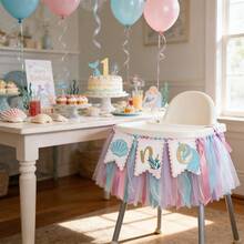 1pc Mermaid 1st Birthday Party Decoration, Ocean Theme First Birthday Party Backdrop, Shell Mermaid Seaweed Pattern Girl's First Mermaid Party Banner, Underwater Birthday High Chair Banner, 1st Birthday Photo Prop Decor - View 11