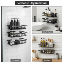 1/2/3pcs Black Wall-Mounted Shower Caddy Set, No-Drill Hanging Storage Rack, Space-Saving Organizer For Shampoo, Conditioner And More, Modern Bathroom Storage Solution, Minimalist Easy Install - Multicolor - View 8