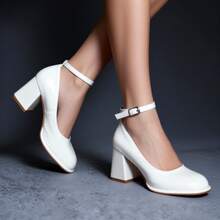 Women's High Heels, Round Toe, Chunky Heel, Single-Strap Buckle, Solid Color, Simple Style, Elegant And Unique, Suitable For Parties And Banquets, As Well As Everyday Commuting. Shipped From Local Warehouse. - 白色 - 查看 5