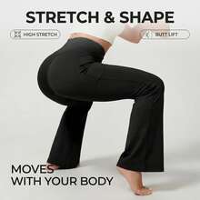 One Piece  Pocket    Fabric    Long     Women's Cross Waist Flared Pants With Pockets High Waist Stretchy Wide Leg Yoga Pants For Lounge Workout Daily - 黑色 - 查看 2