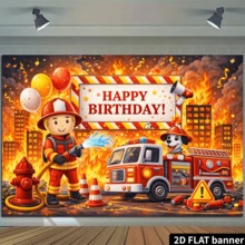 这款2D平面消防员主题生日派对横幅背景，以消防员、消防车、消防栓、交通锥、气球、火焰和烟雾元素为特色，采用耐用涤纶材质，无需电源，适用于室内/室外庆祝活动，可用作墙面装饰或拍照背景，适用于家庭聚会、办公室活动、户外派对、影棚布置、节日礼物等场合，轻便易挂，防水易清洁，装饰效果充满激情和趣味。 - 1 - 查看 5