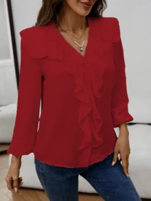 Women's Fashionable Elegant Casual Ruffle V-Neck Long Sleeve Blouse, Suitable For Spring And Autumn - Red - View 4