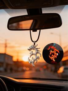 Adorno de coche con dragón iluminado de estilo elegante - Colgante de dragón de metal plateado con llamas, que irradia luz azul, naranja y verde; un accesorio de interior de coche audaz diseñado para conductores individualistas. - A - Ver 7