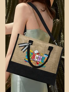 Teacher Letter Pattern Reusable Makeup Bag Set, Including Tote Bag With Shoulder Strap And Cosmetic Bag, Personalized Gift Bag With Side Pocket, Beach Bag With Scarf, Suitable For Holiday, Birthday, Graduation, Daily Use, Beach, Travel, Work, Picnic, Camping - Multicolor - View 4