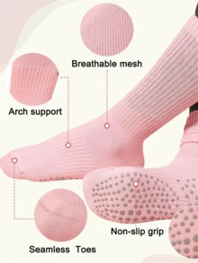 4 Pairs Pilates Slouch Crew Socks For Women Grip Yoga Socks Non Slip Grippers For Barre Ballet Dance Hospital Workout Black White Pink Gray - Mực in đen, trắng và xám 4PT - Xem 3