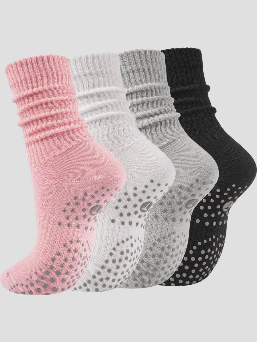 4 Pairs Pilates Slouch Crew Socks For Women Grip Yoga Socks Non Slip Grippers For Barre Ballet Dance Hospital Workout Black White Pink Gray - Mực in đen, trắng và xám 4PT - Xem 1