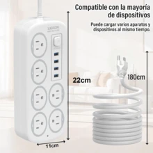 10-in-1 Black Outlet with 6 Receptacles, 4 USB Ports,  Ports,  Extension Cord, Flat Plug, Wall Mount, Overload Protection, Power Outlet Surge Protector - Ideal for Home and Office Desktop Charging - Blanco - Ver 8