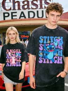 T-shirt Disney Stitch pour couple, t-shirt d'été pour homme en pur coton lavé à manches courtes avec effet vieilli, coupe unique, tissu en pur coton, confortable et respirant, style streetwear décontracté, col rond ; une marque de mode de haute qualité, c'est un cadeau surprise idéal pour les proches et les amis. - Noir - Homme - Voir 2