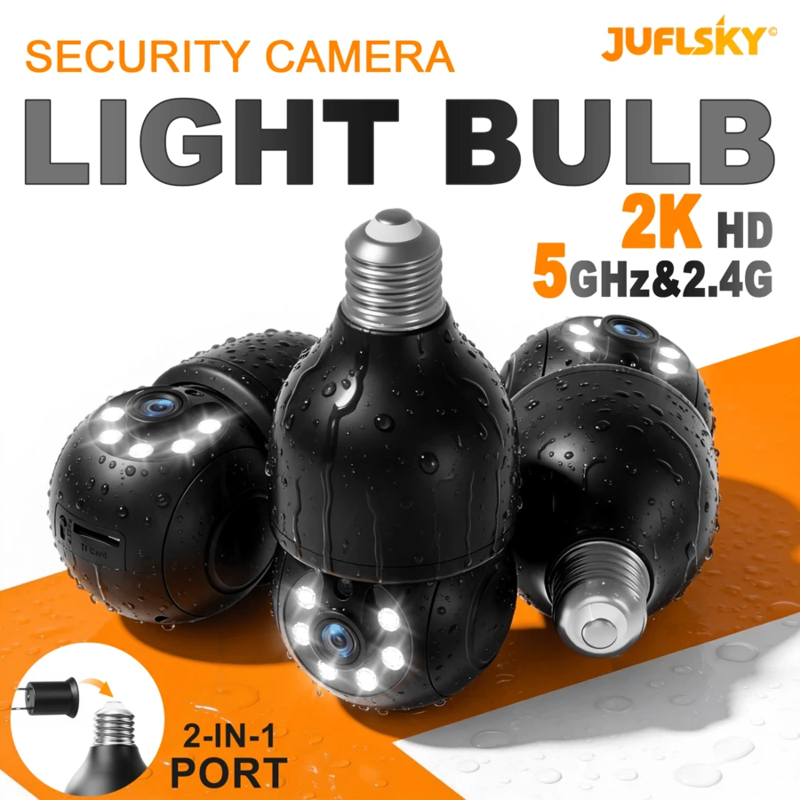 JUFLSKY 2K HD Outdoor Smart Bulb Camera | 2.4GHz/5GHz Dual-Band WiFi, PIR Motion Detection With Siren Alarm, Two-Way Audio & Color Night Vision - Black - View 1