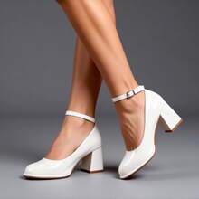 Women's High Heels, Round Toe, Chunky Heel, Single-Strap Buckle, Solid Color, Simple Style, Elegant And Unique, Suitable For Parties And Banquets, As Well As Everyday Commuting. Shipped From Local Warehouse. - 白色 - 查看 4