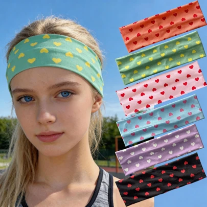 新款春夏爱心印花发带，时尚百搭运动瑜伽弹力发带