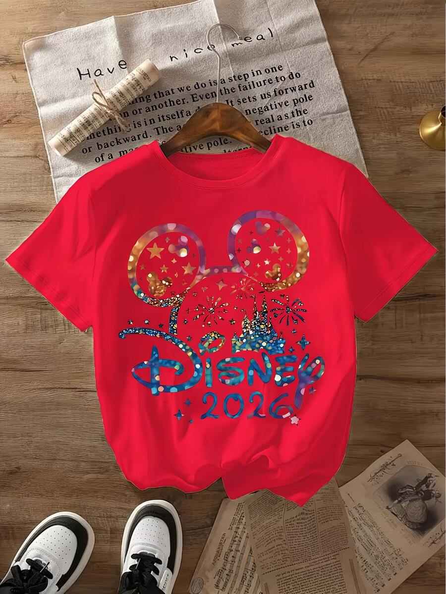 Disney Licensed Women's Hot Selling Print: Mickey Mouse Head, Stars, Fireworks, Magic Castle. 2026 Printed Short-Sleeve Crew Neck T-Shirt. Crew Neck, Casual, Comfortable, Stylish, And Versatile. Suitable For Spring, Summer, And Autumn. Optimistic Design. Elastic Fabric. - Đỏ - Xem 1