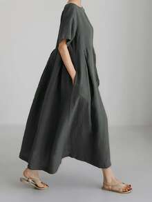 Women's Loose Casual Elegant Simple Comfortable Linen Dress, Short Sleeve Pocket Round Neck Solid Color Maxi Dress, Loose Style, Suitable For Spring, Summer And Autumn - Grey - View 5