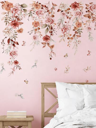 1pc Bohemian Flower Vine Wall Sticker, Self-Adhesive PVC Wall Decal For Girls Bedroom, Room Decor, Small Pink Flower Pattern, Suitable For Kids Room, Girls Bedroom, Living Room, Sofa Background Wall Decoration