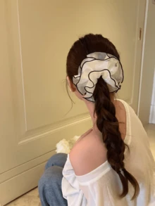  Elegant White Organza Flower Hair Tie With Black Edge, Sheer Hair Scrunchie For Daily & Party Wear - Beige - View 6