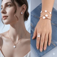 1件套韩式优雅五瓣花首饰套装，珐琅幸运花项链/耳环/手链/手镯/开口戒指，甜美女孩礼物 - 彩色 - 查看 2