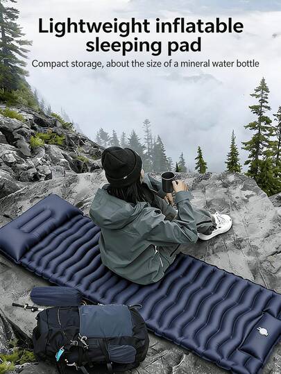 Luxury Outdoor Portable Wave-Textured Inflatable Mattress, Wear-Resistant & Thick PVC Waterproof & Moisture-Proof Self-Inflating Design, 15cm High With Integrated Neck Pillow, Standard Single Size Suitable For Camping Tents/Car Trunks/Picnics/Hiking, Wave-Shaped Inflatable Structure Evenly Supports Back & Waist, Contours To Body Curve To Relieve Travel Fatigue, Convenient Push-Button Inflation/Deflation Valve, Rapid Inflation & Deflation For Easy Storage, Minimalist Solid Color Design