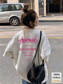 Letter Graphic Short Sleeve Mid-Length T-Shirt, Stylish Casual Top For Women Summer - Gray - View 2