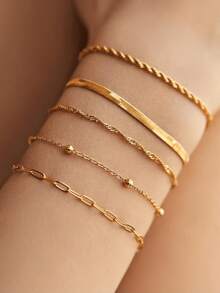 5 件不锈钢手链套装，时尚简约回形针链、珠链、波浪链、刀片链、扭链手链，奢华小众个性化链条配饰，适合女孩和女士（珠子数量随机） - 金色 - 查看 8