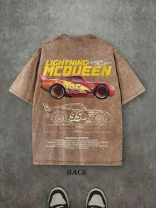 Disney, Toy Story Number 95 Design, Washed Pure Cotton Short-Sleeved Men's Summer T-Shirt, Distressed Effect, One-Piece Design, Pure Cotton Fabric, Comfortable And Breathable, Casual Outdoor Street Style, Crew Neck; A High-Quality Fashion Brand, It Is An Ideal Surprise Gift For Relatives And Friends. - 咖啡棕 - 查看 2