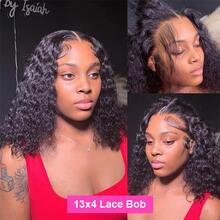 Deep Wave 13x4 Lace Frontal Bob Wig 180% Density Brazilian Pre Plucked Virgin Hair Human Hair Wigs #1B Lnvisible Lace Wigs - Natural Black - View 3
