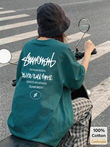 Letter Graphic Short Sleeve Mid-Length T-Shirt, Fashionable Casual Top For Women Summer - Dark Green - View 2