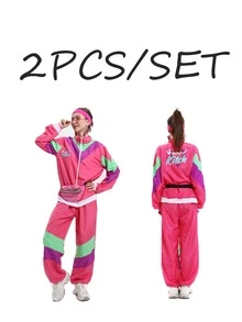 2pcs/Set Retro 80s Disco Hip Hop Tracksuit Jacket And Pants Set, Adult Unisex, Dance Costume Spring - Multicolor - View 10