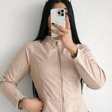 Women's Luxury Premium Faux Leather Jacket With Front Zipper, Sculptural Fitted Cut And Impeccable Drape. - Beige - View 4