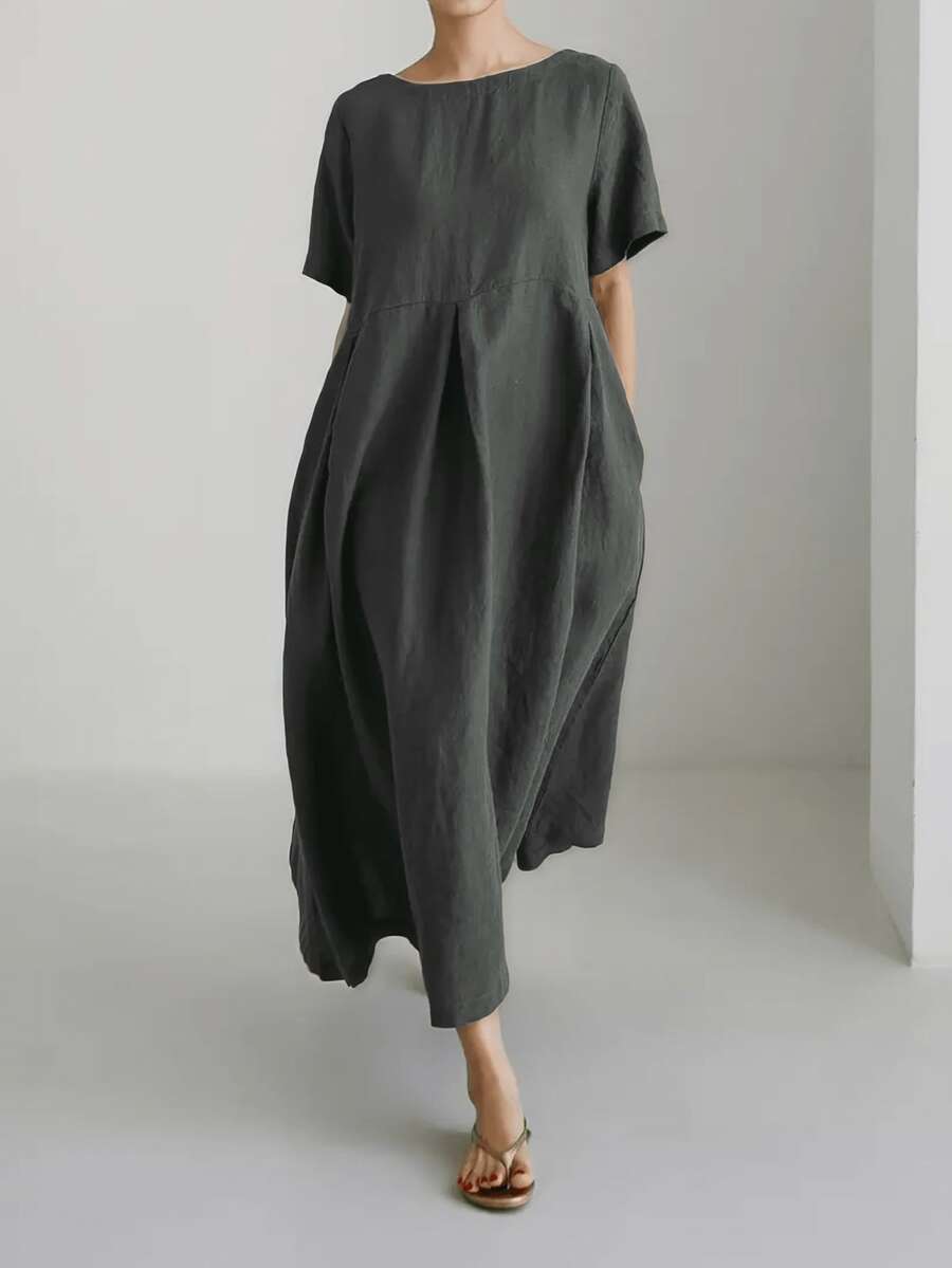 Women's Loose Casual Elegant Simple Comfortable Linen Dress, Short Sleeve Pocket Round Neck Solid Color Maxi Dress, Loose Style, Suitable For Spring, Summer And Autumn - Grey - View 1
