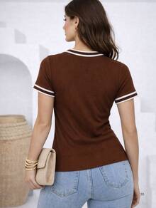 Women's Short-Sleeve Blouse In Ribbed Knit Fabric With Round Neck And Neck And Sleeve Details - Rust Brown - View 3