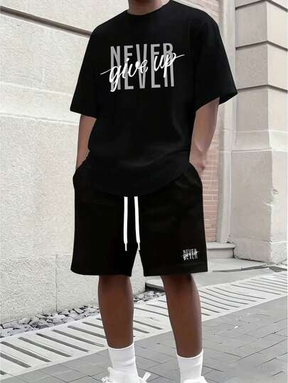 男士字母印花T恤+运动抽绳短裤两件套，夏季户外运动套装