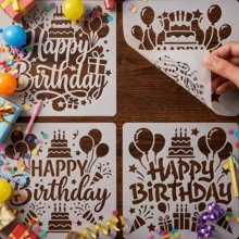 4件套生日主题绘画模具 - 适用于5.9英寸相框，DIY贺卡制作，更有意义的生日礼物，可重复使用的塑料绘画模具，包含“生日快乐”、“气球”、“礼物”和星星图案。书法字母模具。 - 套裝 - 查看 1