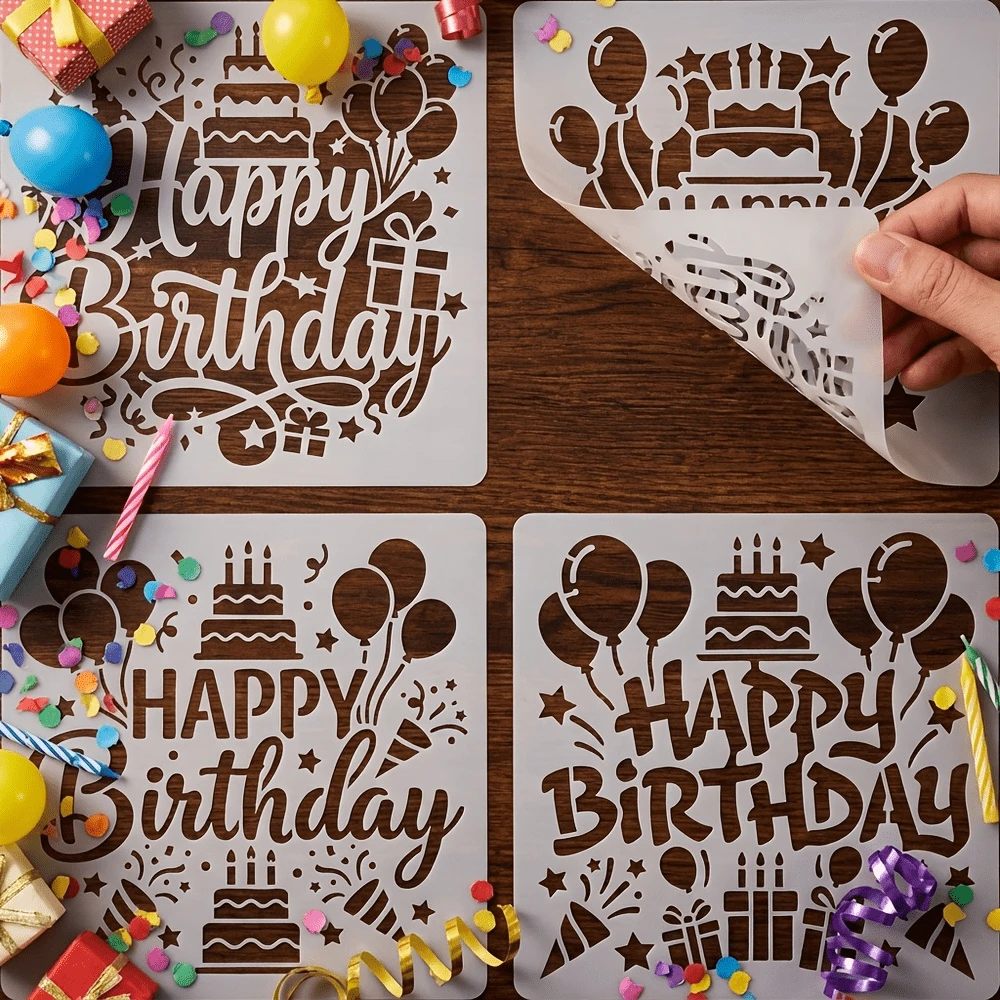 4件套生日主题绘画模具 - 适用于5.9英寸相框,DIY贺卡制作,更有意义的生日礼物,可重复使用的塑料绘画模具,包含“生日快乐”、“气球”、“礼物”和星星图案。书法字母模具。 - 套裝 - 查看 1