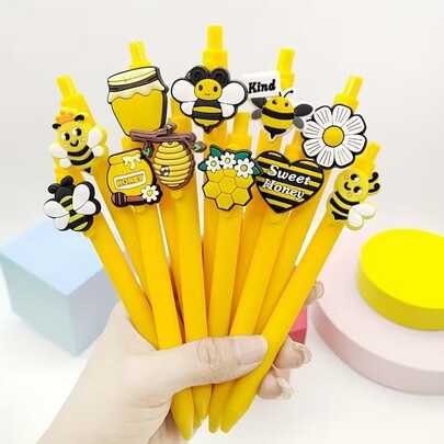 10支装蜜蜂主题按动式圆珠笔，适合作为派对礼物、学校和办公用品
