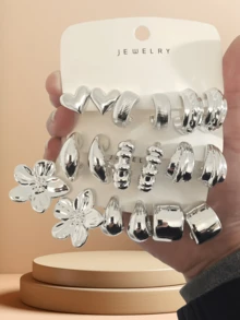 6-18pcs/Set Fashionable Exaggerated Earrings Set, C-Shape Five-Leaf Flower & Water Drop Geometric Earrings For Women - Silver - View 1