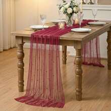 Khăn trải bàn bằng vải organza màu đỏ tía ánh ngọc trai, thích hợp cho trang trí bàn ăn theo mùa, trong suốt, các dịp lễ, đám cưới, sinh nhật, tiệc mừng em bé và các buổi họp mặt gia đình khác. - Màu Đỏ Sâu - Xem 4