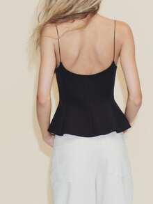 Women's Peplum Cami Top With Thin Spaghetti Straps Square Neck Open Back Detail Spring Party Office - Black - View 4