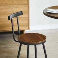 3-Piece Bar Table And Stool Set: 80cm Round Table With Two Stools, Wooden Dining Table With Ring-Shaped Metal Footrests. Suitable For Dining Rooms, Cafes, Bars, Living Rooms, Etc. Walnut. - Walnut - View 7