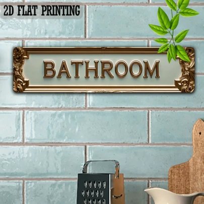 2D Flat - Vintage Metal Bathroom Wall Decor Sign, 4.0X16.0 Inch Iron Plaque With Elegant Gold Frame, Pink Heart And Green Leaf Design, Suitable For Home And Office Decoration