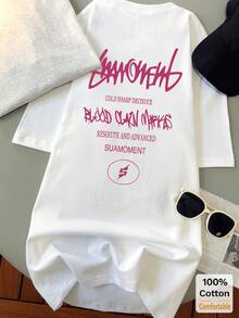 Letter Graphic Short Sleeve Mid-Length T-Shirt, Stylish Casual Top For Women White Summer - White - View 4