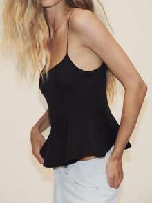 Women's Peplum Cami Top With Thin Spaghetti Straps Square Neck Open Back Detail Spring Party Office - Black - View 3