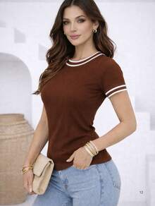 Women's Short-Sleeve Blouse In Ribbed Knit Fabric With Round Neck And Neck And Sleeve Details - Rust Brown - View 5