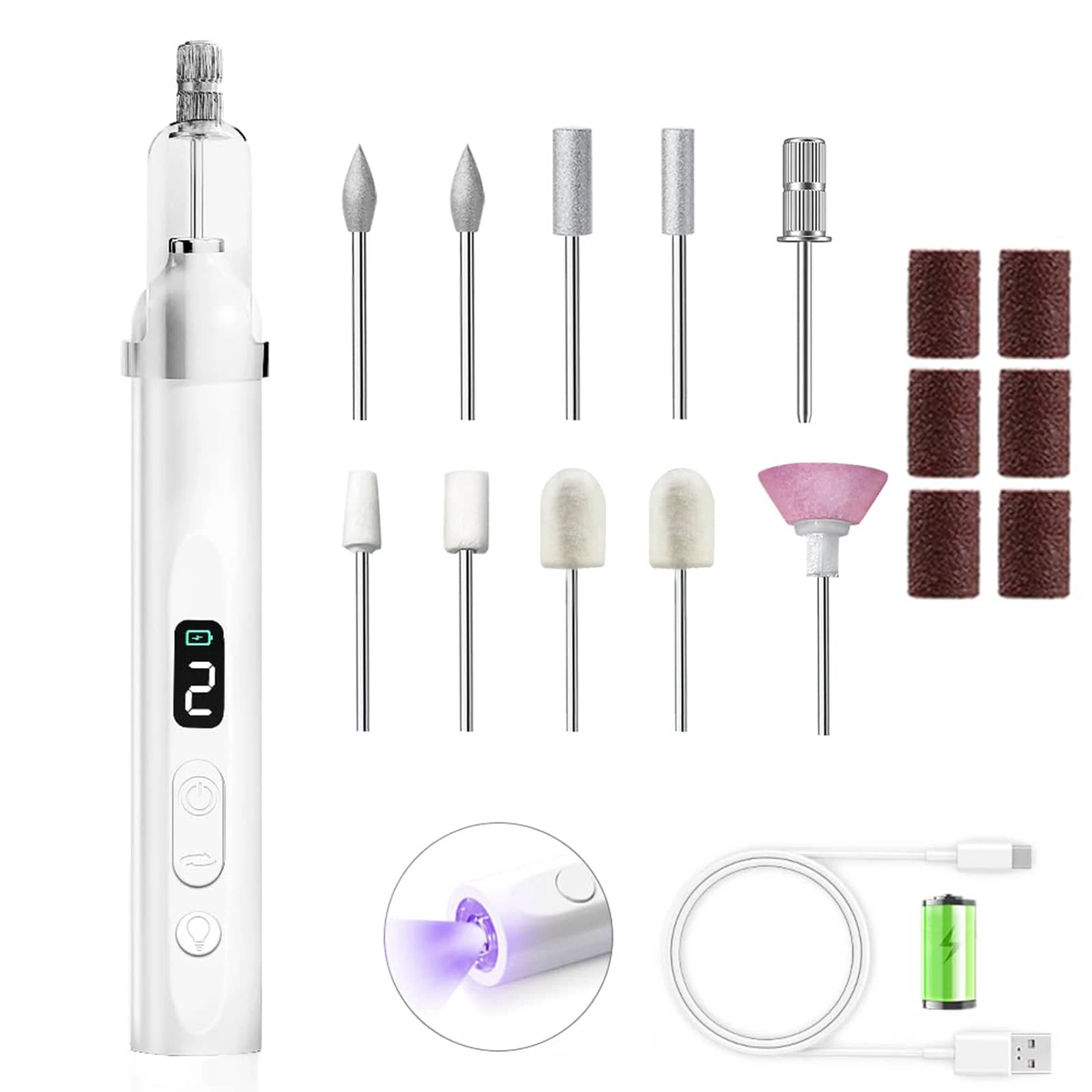 NEUZOJIT Nail Drill And UV Light Set, Portable Electric Nail Drill And UV Nail Lamp 2 In 1 Nail Tools With LED Display, 3 Speed Fast-Dry Rechargeable Nail Drills Machine For Curing Polish And Remove - 白色 - 查看 1