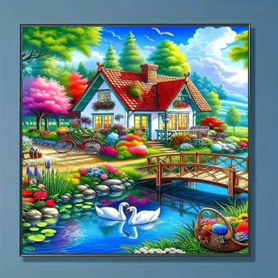 1件套全新河畔小屋白天鹅风景主题钻石画套装，5D圆形水晶钻石马赛克DIY工艺品，适合作为手工礼品，装饰客厅、卧室，适用于宰牲节、父亲节、母亲节、婚礼季、劳动节、复活节、圣诞节、情人节等节日，无框