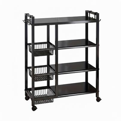 A 4-Layer Black Metal Storage Rack With Wheels - A Multi-Functional Vegetable Rack For The Kitchen And Pantry, Featuring 3 Metal Baskets, Kitchen Storage Items And Storage Cabinets